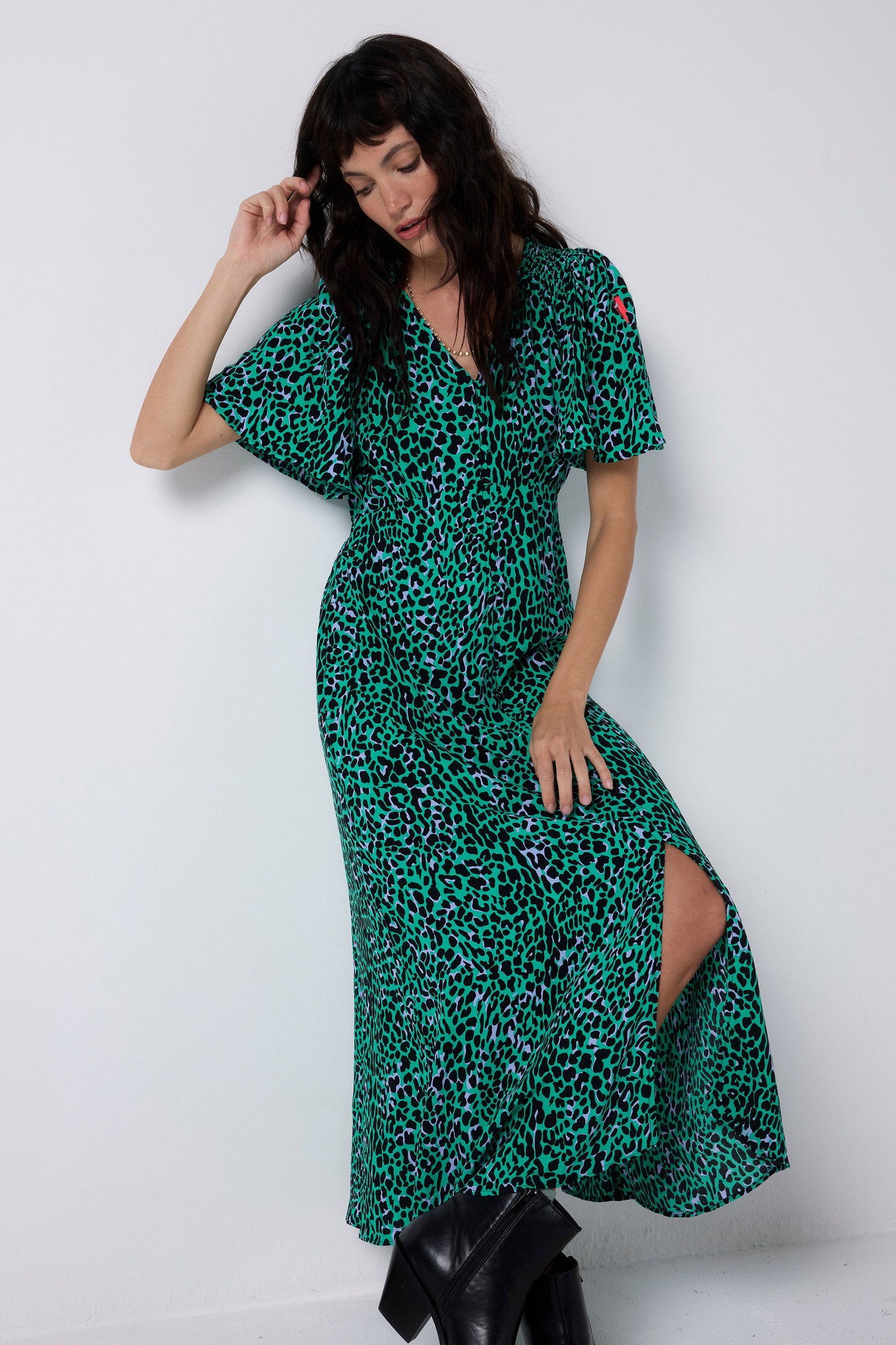 Green with Black Leopard Angel Sleeve Midi Tea Dress
