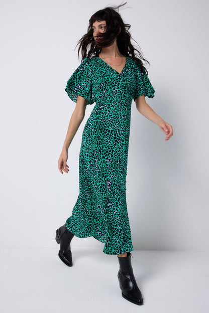 Green with Black Leopard Angel Sleeve Midi Tea Dress