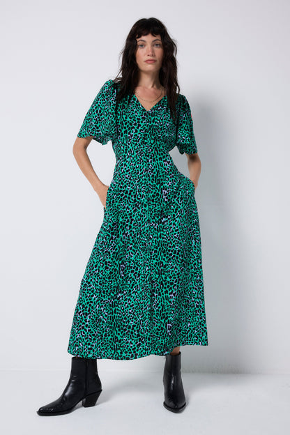 Green with Black Leopard Angel Sleeve Midi Tea Dress