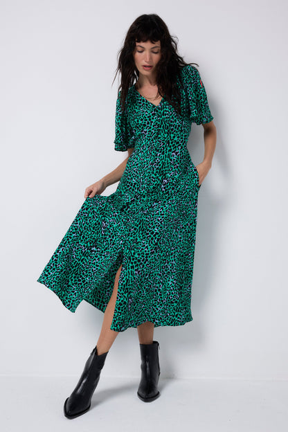 Green with Black Leopard Angel Sleeve Midi Tea Dress