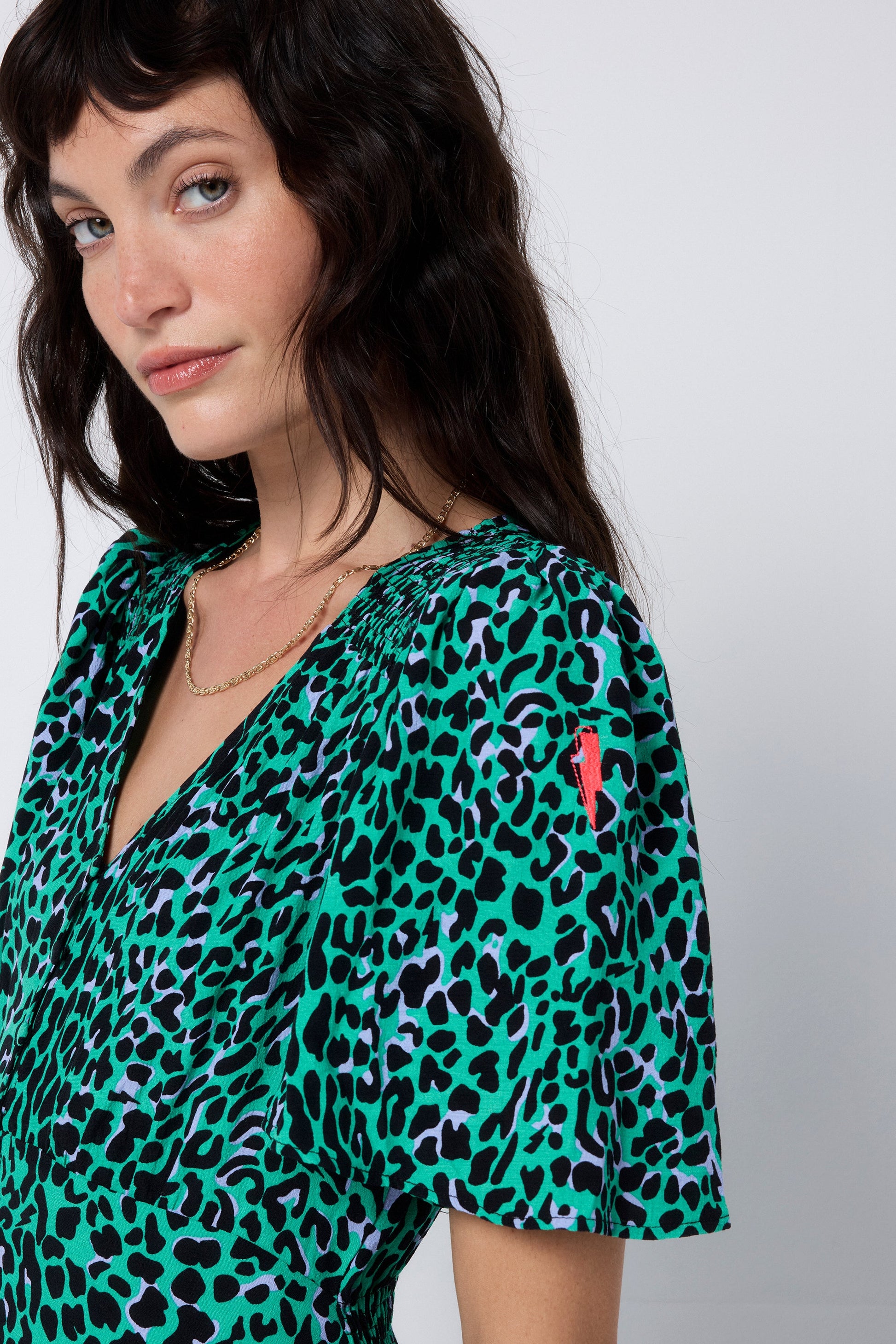 Green with Black Leopard Angel Sleeve Midi Tea Dress