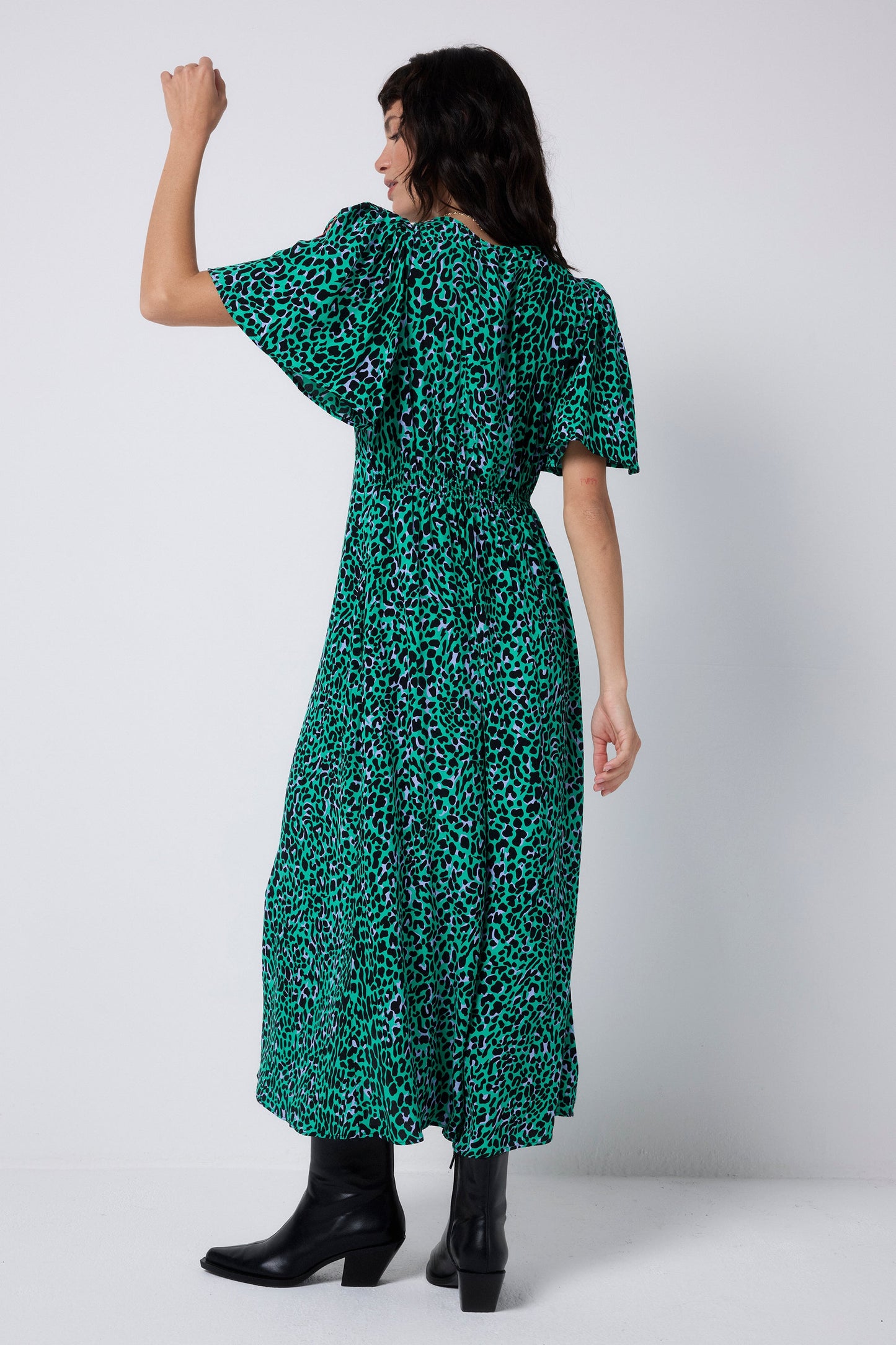 Green with Black Leopard Angel Sleeve Midi Tea Dress