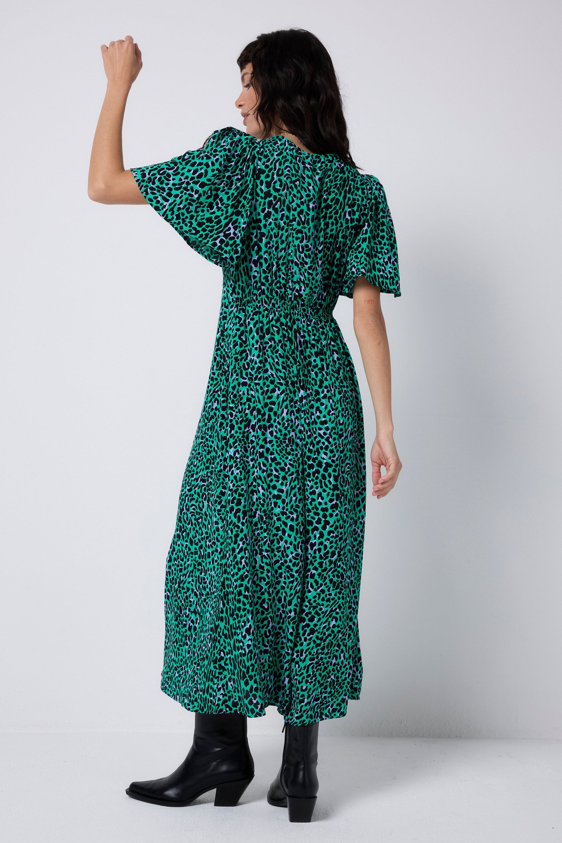 Green with Black Leopard Angel Sleeve Midi Tea Dress