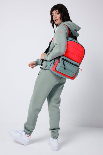Khaki with Neon Coral Puffer Backpack