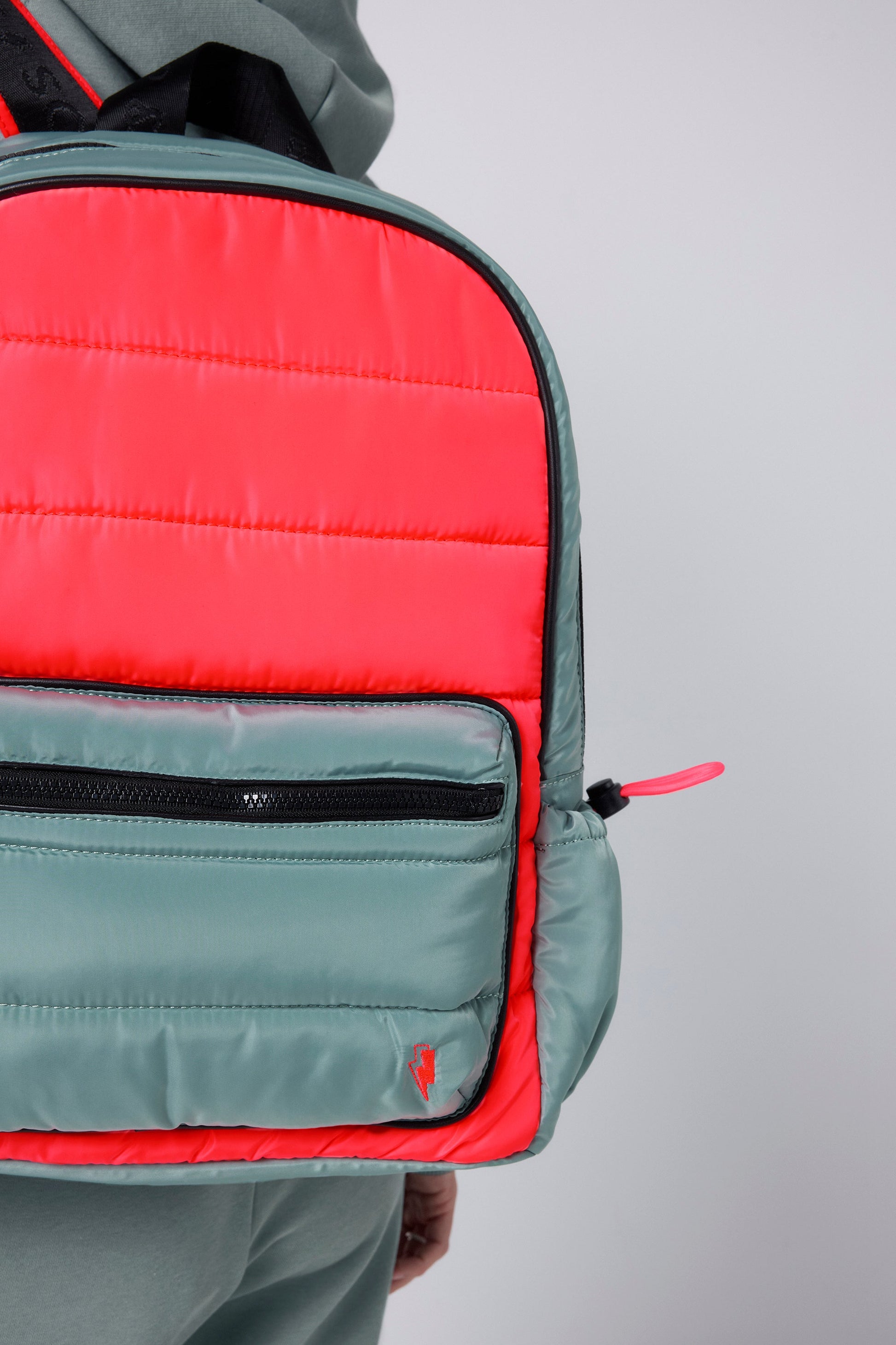 Khaki with Neon Coral Puffer Backpack