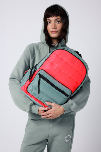 Khaki with Neon Coral Puffer Backpack
