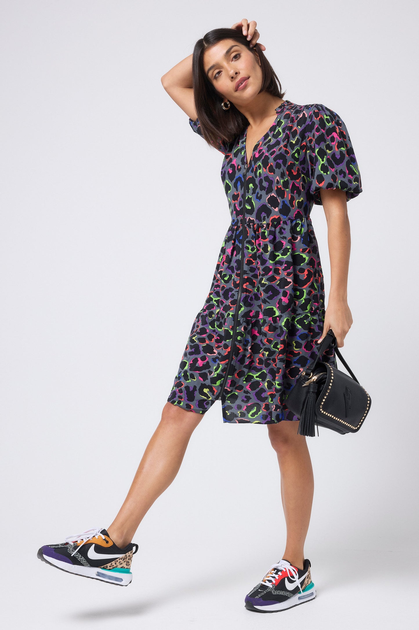 Grey with Rainbow Shadow Leopard Zip Detail Tiered Short Dress