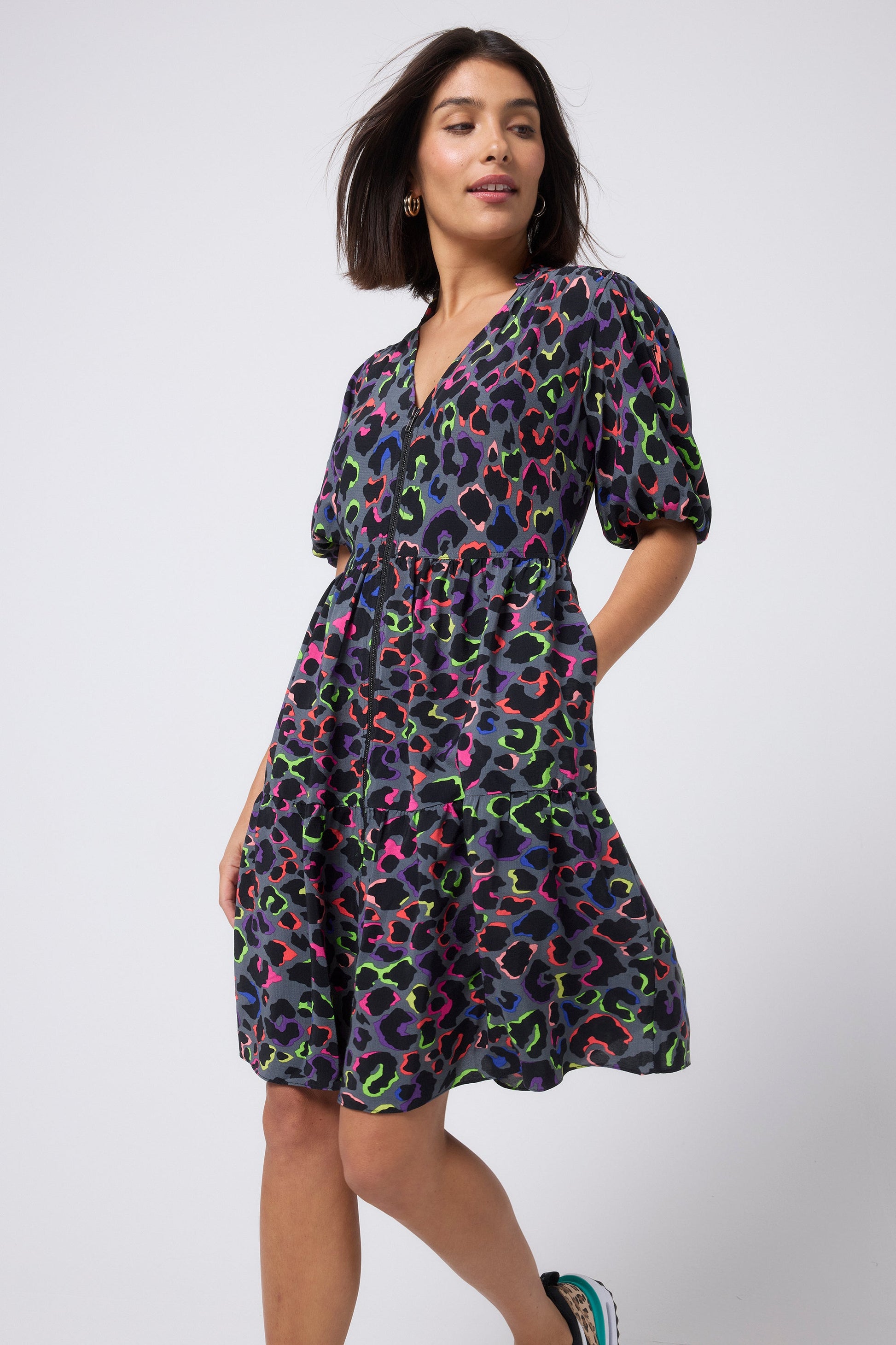 Grey with Rainbow Shadow Leopard Zip Detail Tiered Short Dress