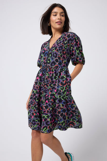 Grey with Rainbow Shadow Leopard Zip Detail Tiered Short Dress
