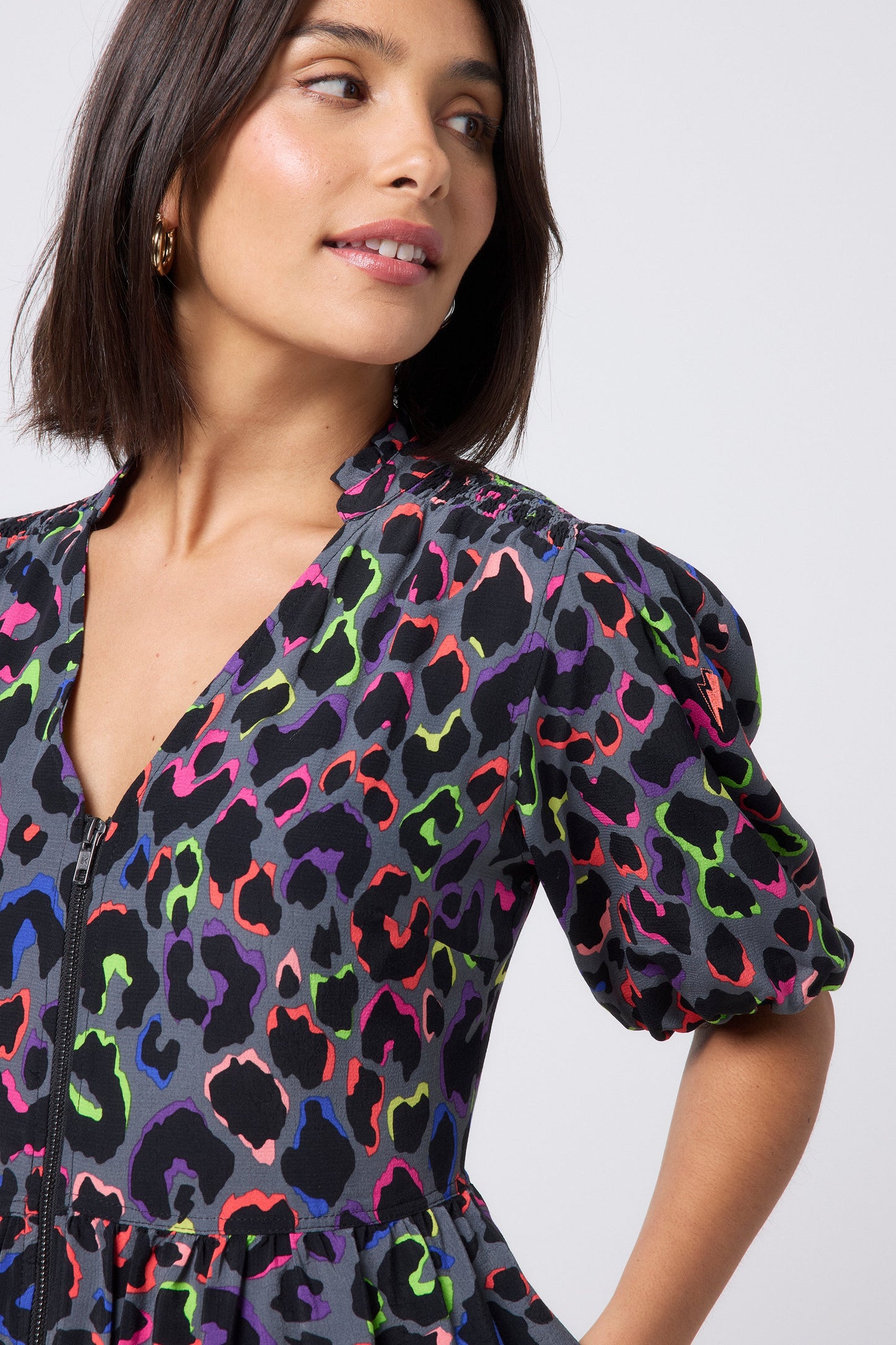 Grey with Rainbow Shadow Leopard Zip Detail Tiered Short Dress