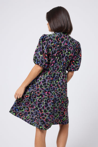 Grey with Rainbow Shadow Leopard Zip Detail Tiered Short Dress