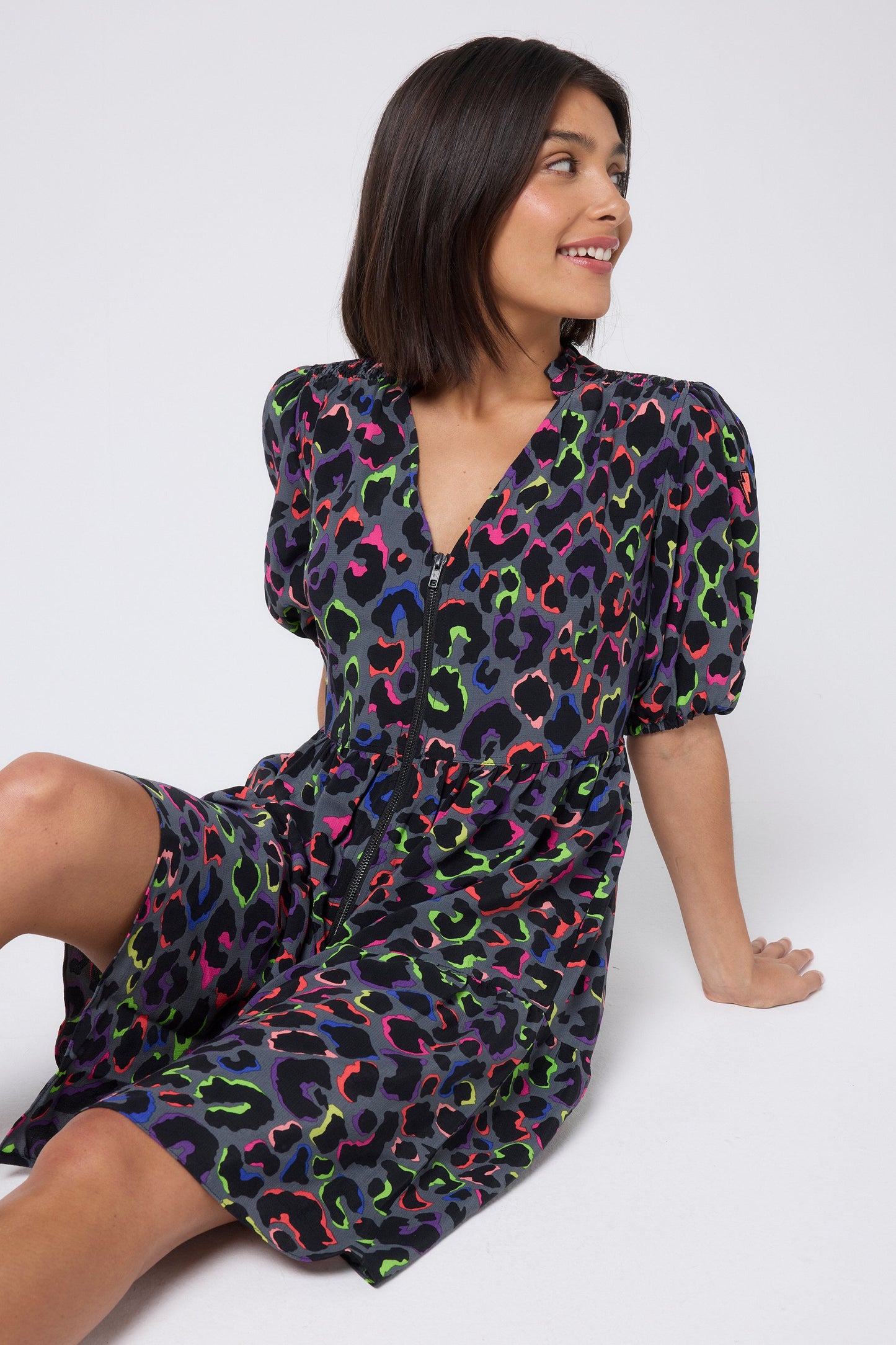 Grey with Rainbow Shadow Leopard Zip Detail Tiered Short Dress
