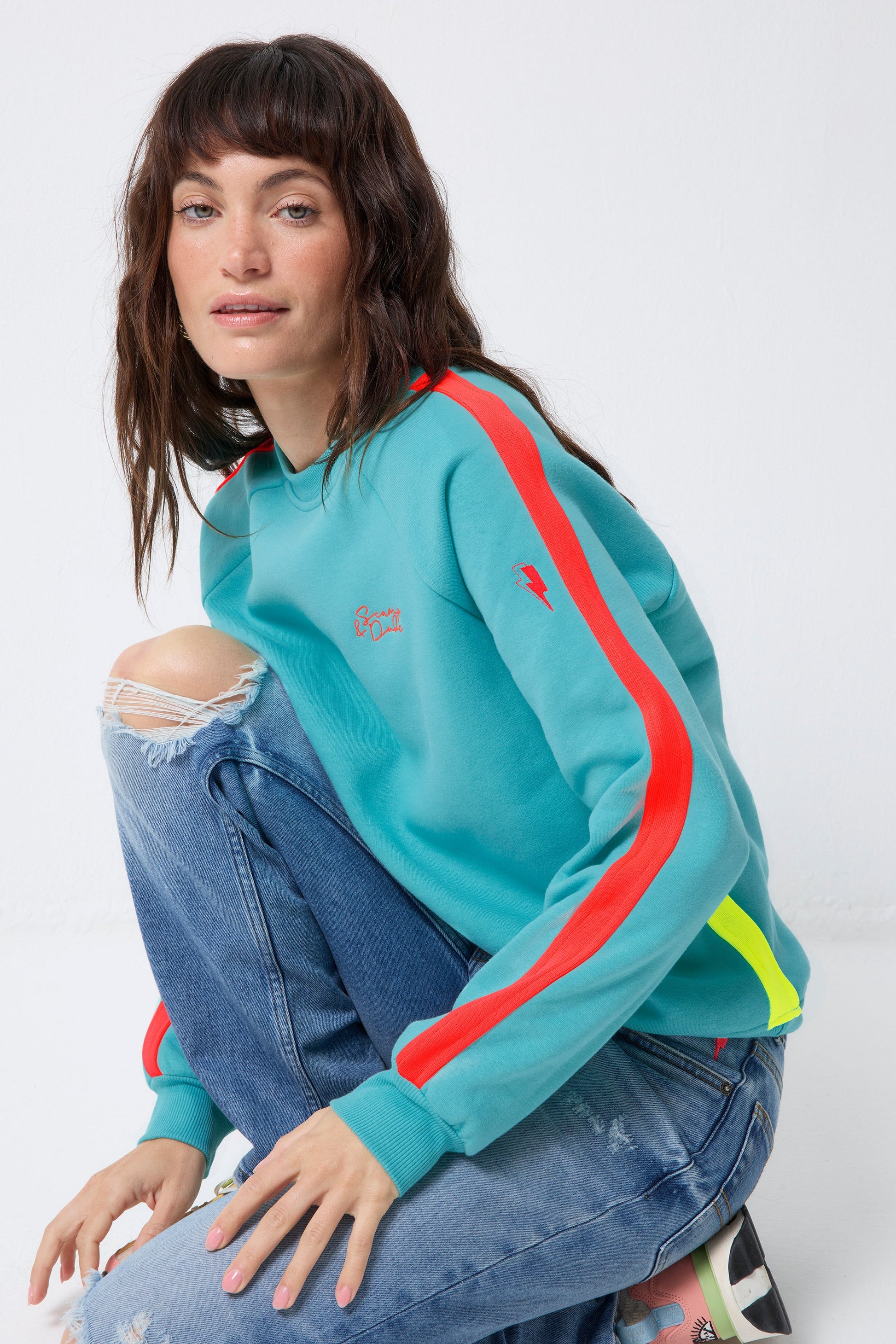 Bright Green with Coral Colourblock Relaxed Sweatshirt