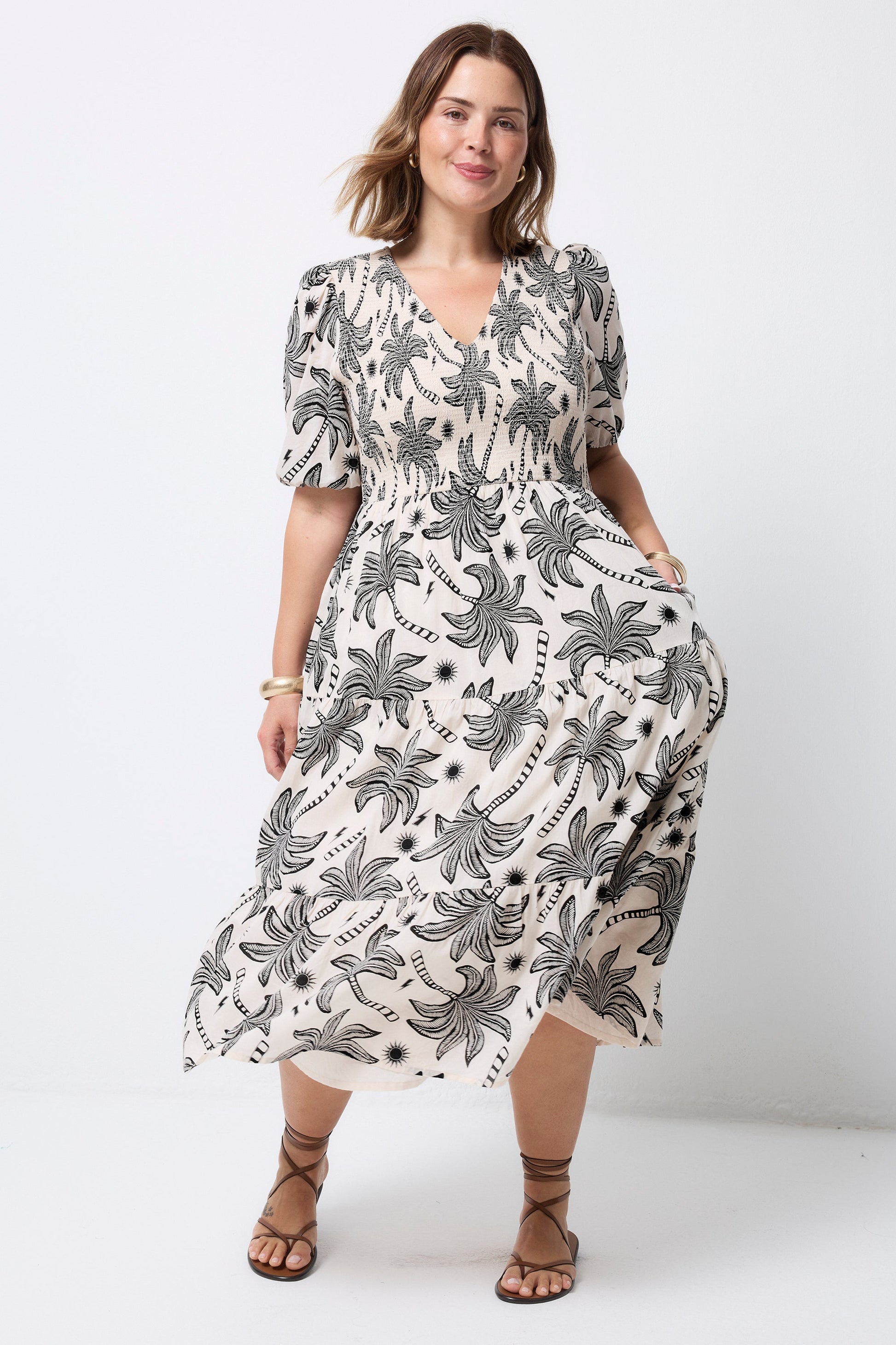 Neutral with Black Palm Spring Shirred Puff Sleeve Midi Dress