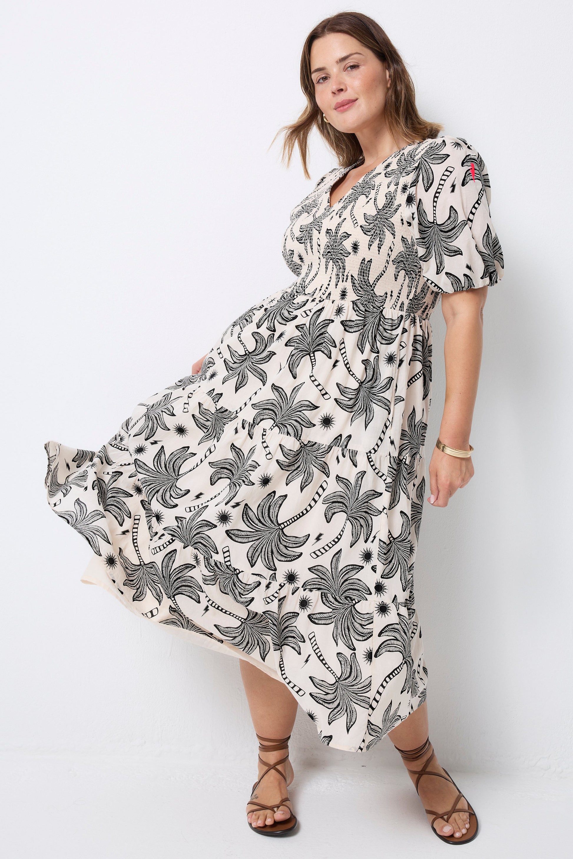 Neutral with Black Palm Spring Shirred Puff Sleeve Midi Dress