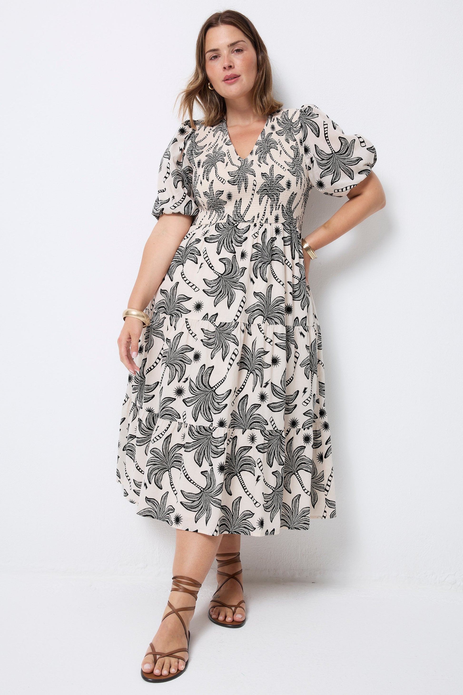 Neutral with Black Palm Spring Shirred Puff Sleeve Midi Dress