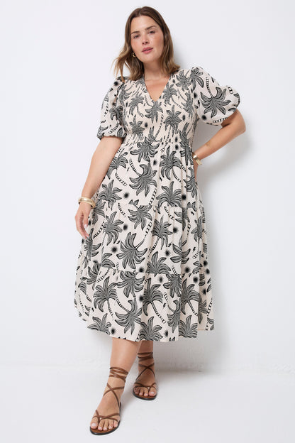 Neutral with Black Palm Spring Shirred Puff Sleeve Midi Dress