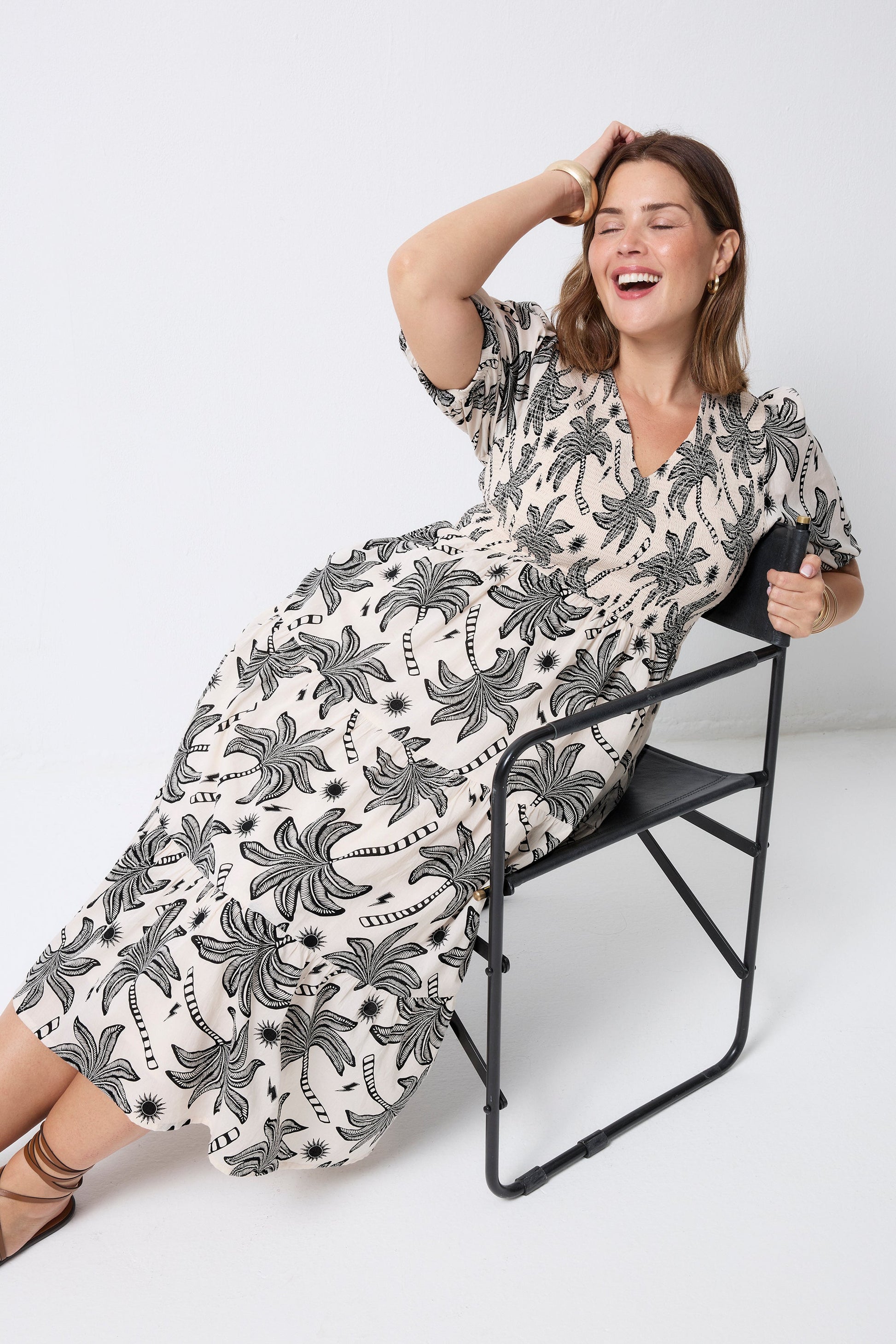 Neutral with Black Palm Spring Shirred Puff Sleeve Midi Dress