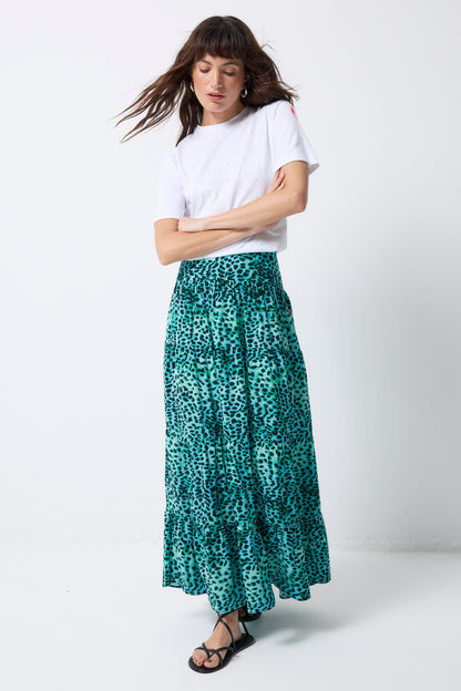 Turquoise with Black Leopard Maxi Skirt