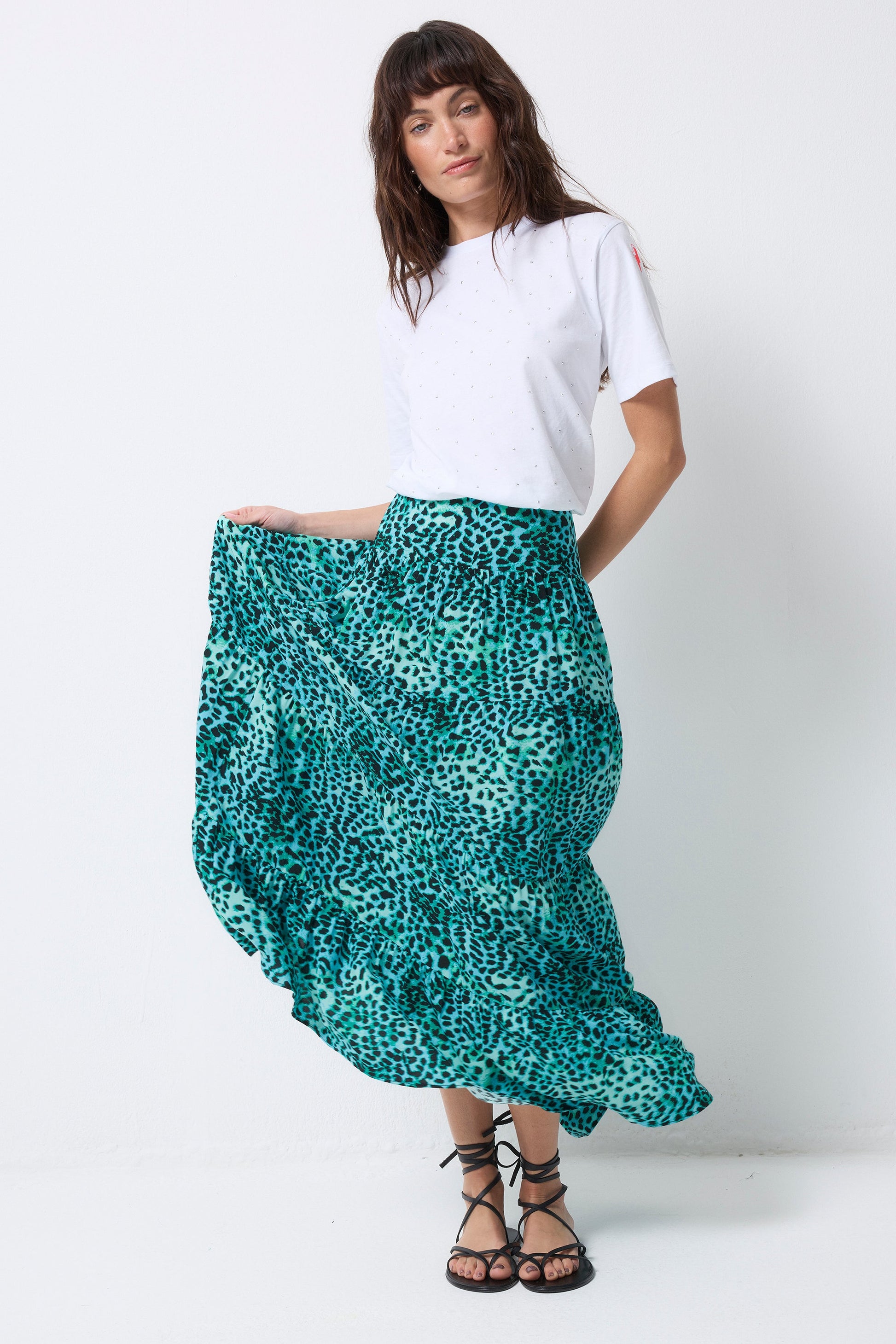 Turquoise with Black Leopard Maxi Skirt