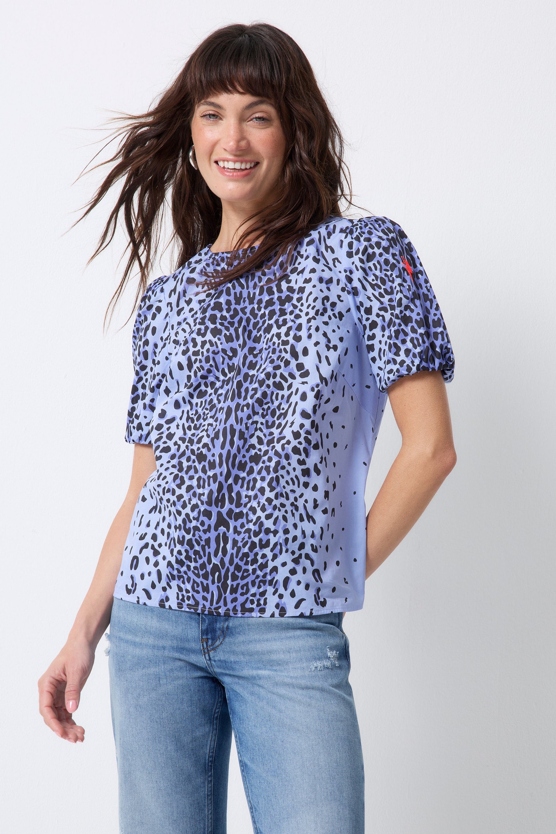 Blue with Black Wild Leopard Short Blouson Sleeve Top