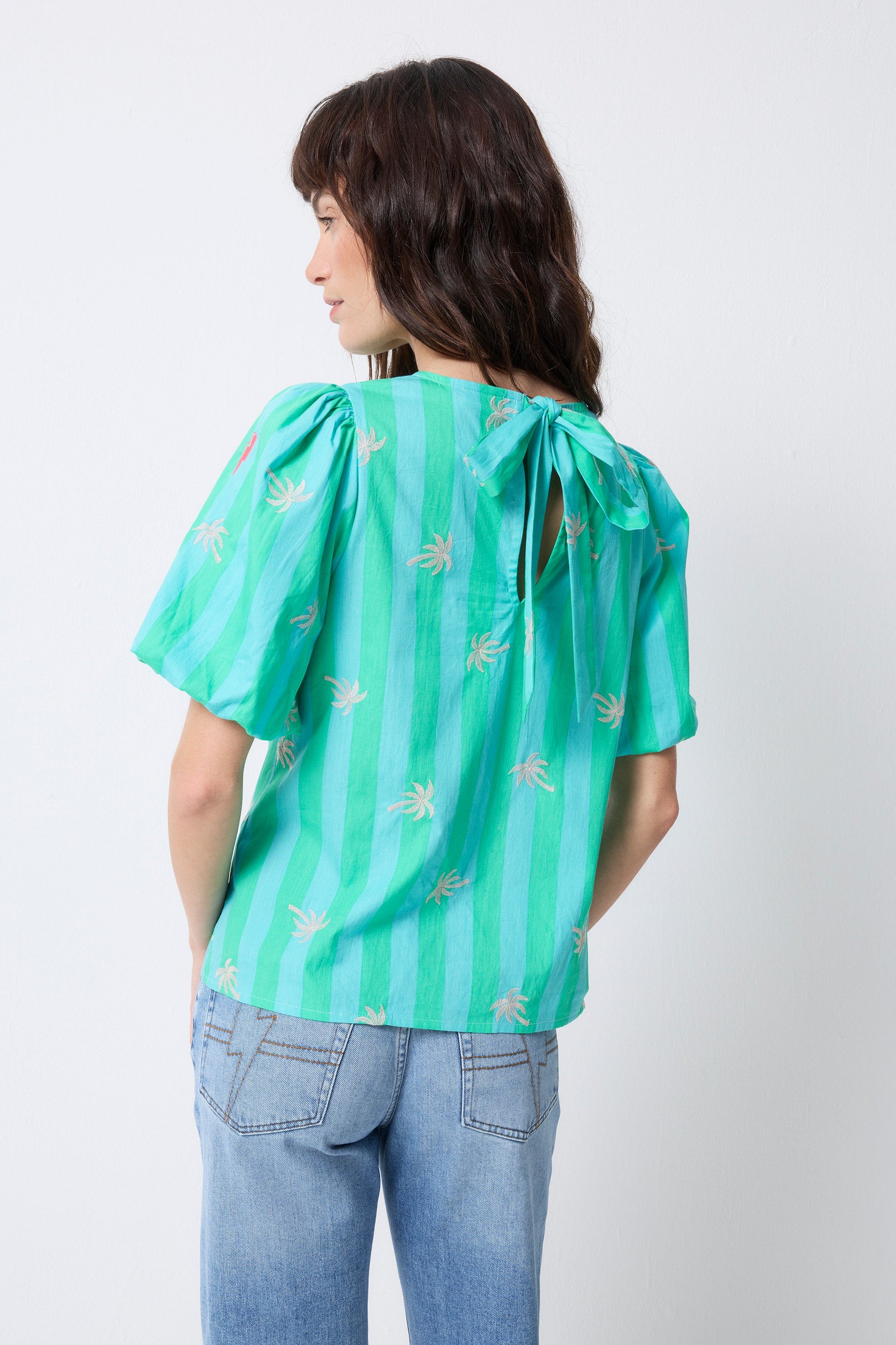 Blue with Green Stripe Short Blouson Sleeve Top