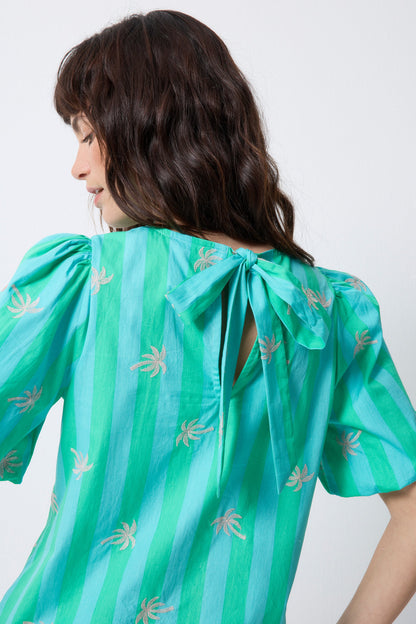 Blue with Green Stripe Short Blouson Sleeve Top