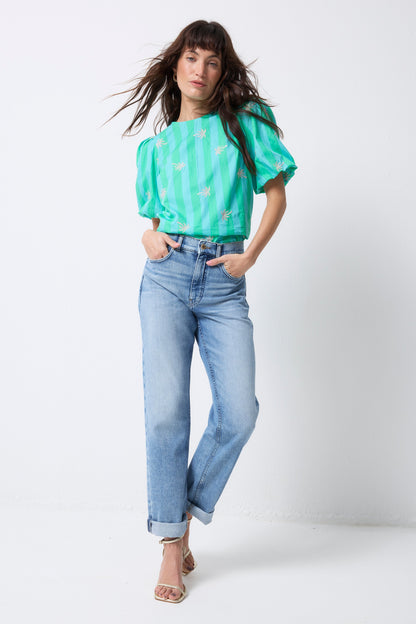 Blue with Green Stripe Short Blouson Sleeve Top