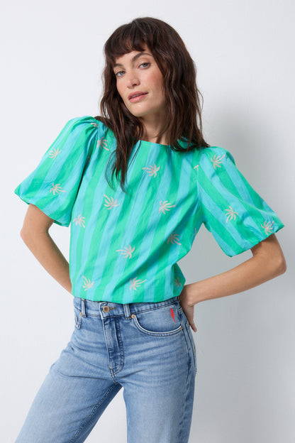 Blue with Green Stripe Short Blouson Sleeve Top