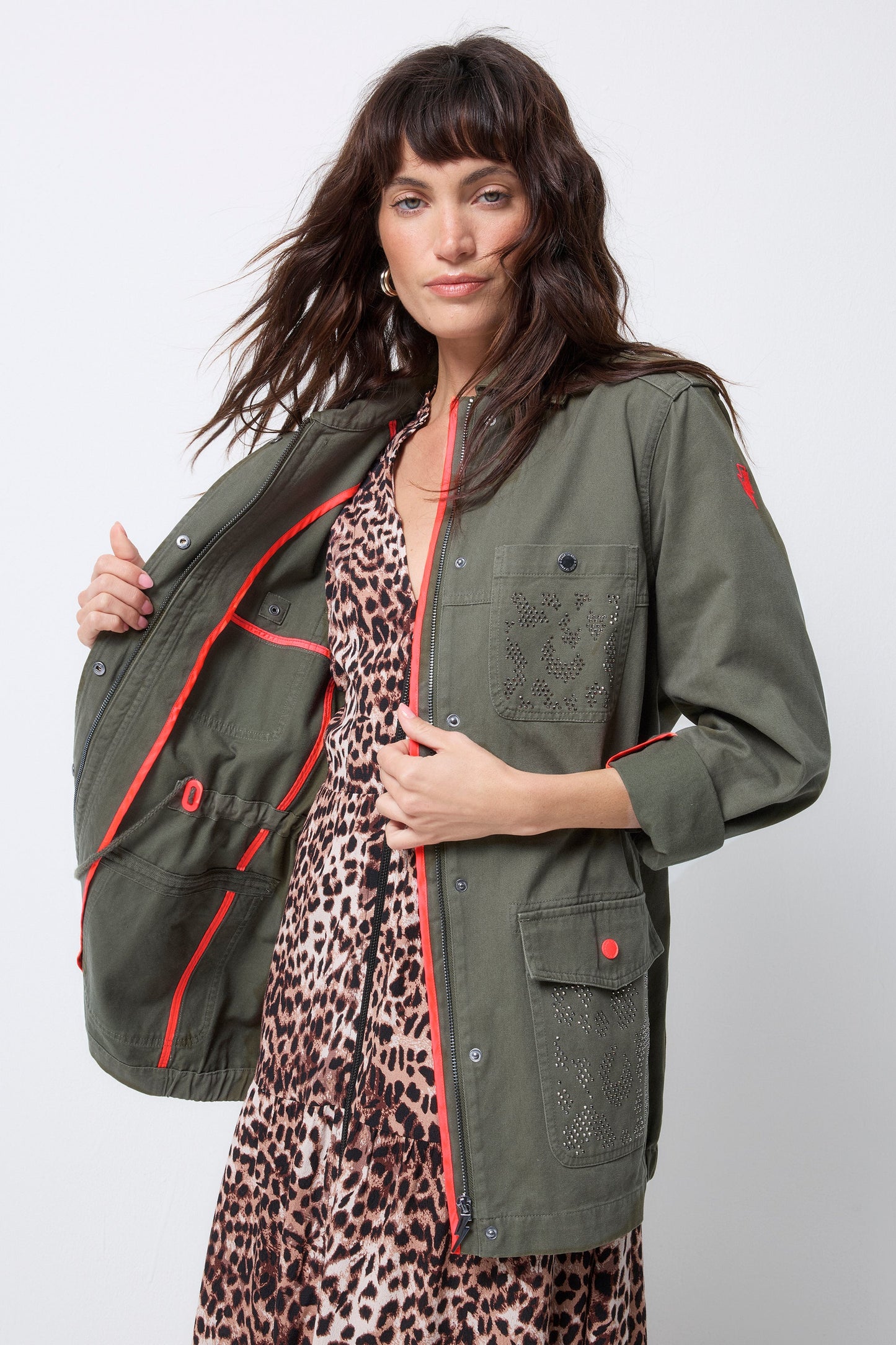 Khaki with Studded Bolt Utility Jacket