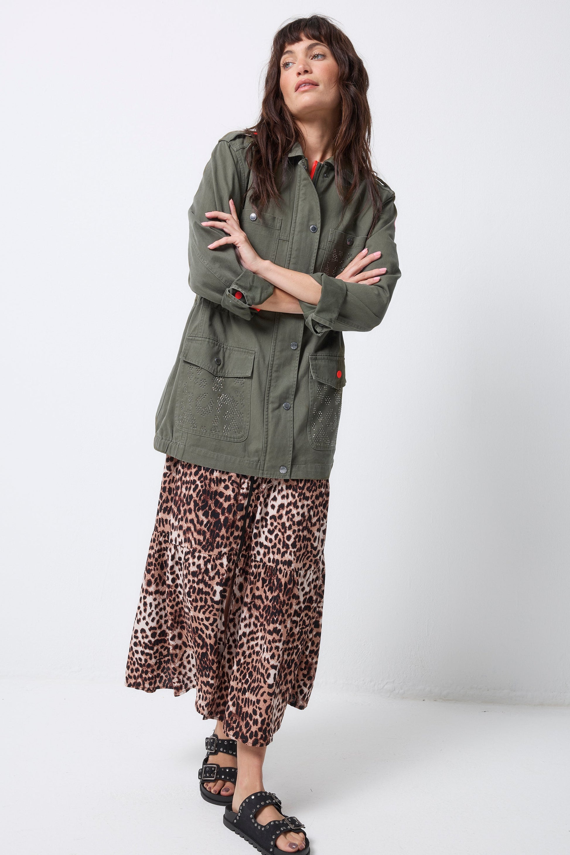 Khaki with Studded Bolt Utility Jacket