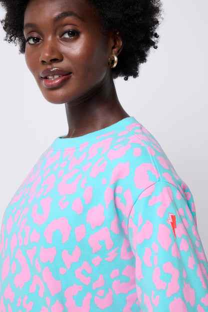 Turquoise with Pink Leopard Oversized Sweatshirt