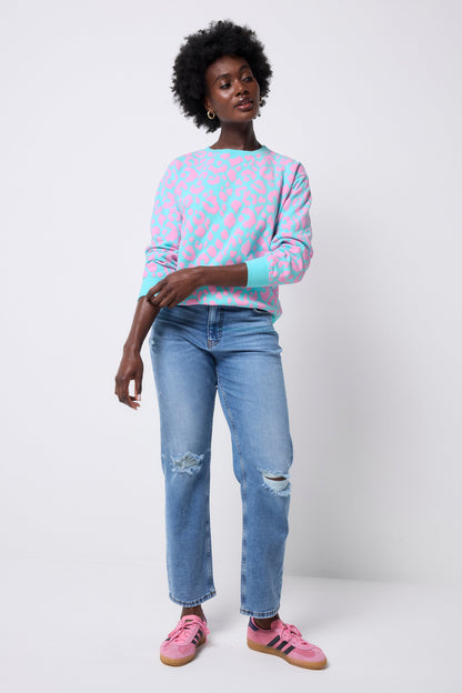 Turquoise with Pink Leopard Oversized Sweatshirt
