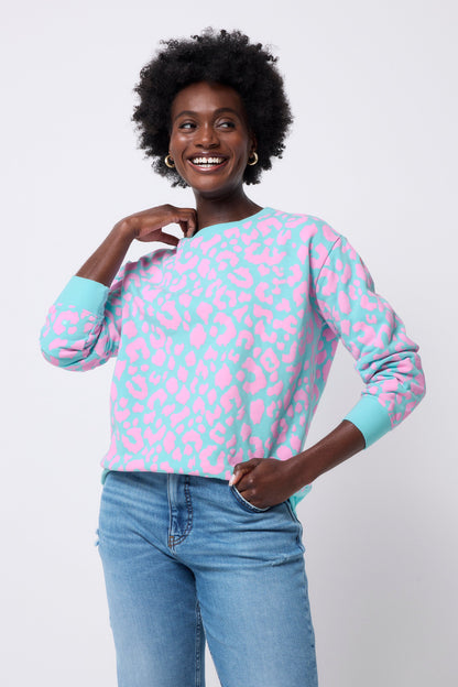 Turquoise with Pink Leopard Oversized Sweatshirt