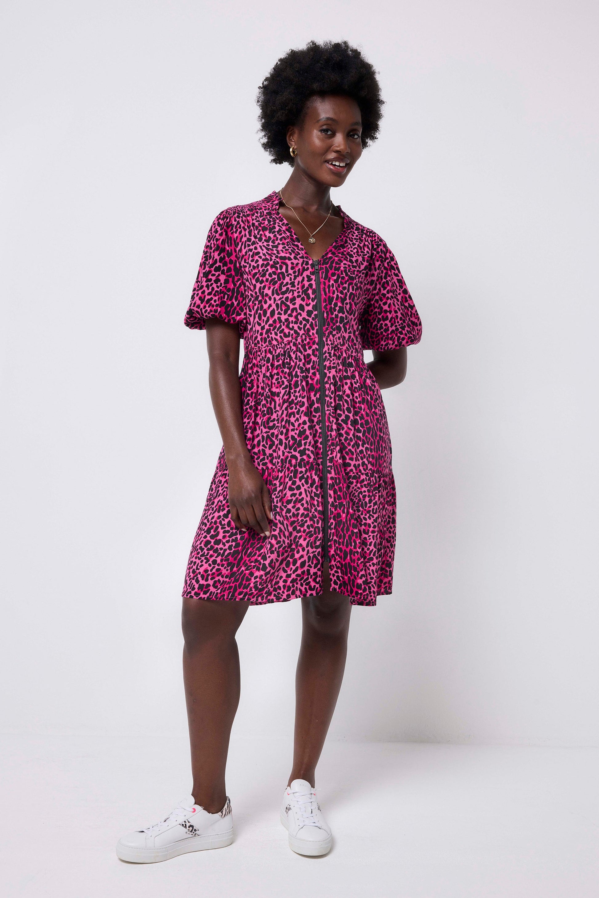 Pink with Black Wild Leopard Zip Detail Tiered Short Dress