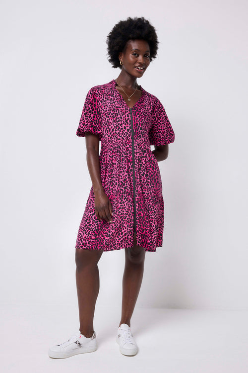 Pink with Black Wild Leopard Zip Detail Tiered Short Dress