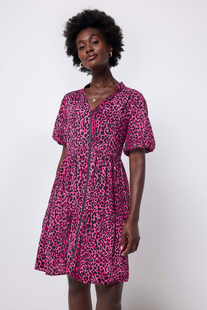 Pink with Black Wild Leopard Zip Detail Tiered Short Dress