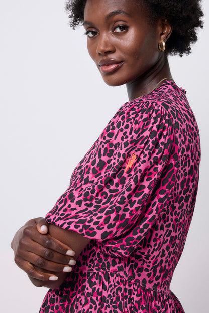 Pink with Black Wild Leopard Zip Detail Tiered Short Dress