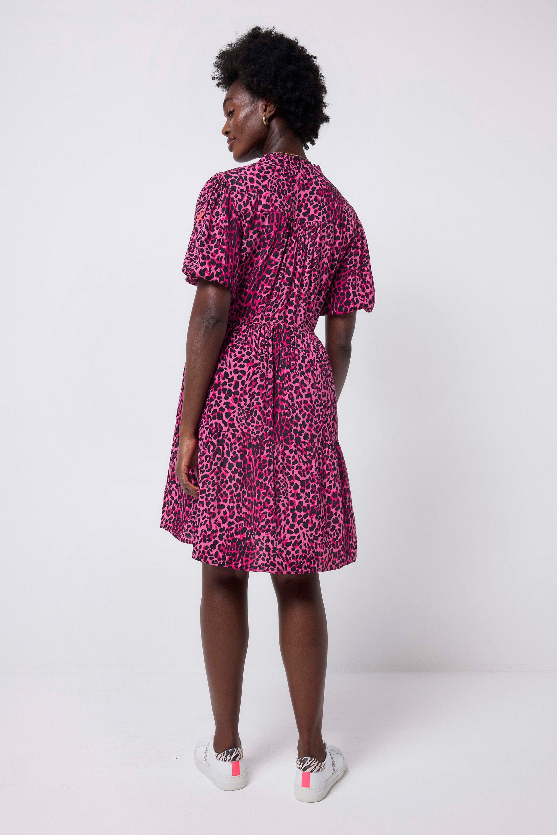 Pink with Black Wild Leopard Zip Detail Tiered Short Dress