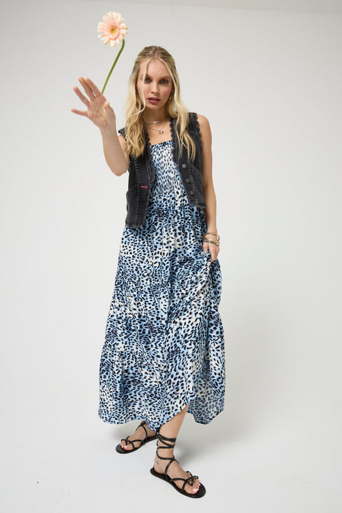 White with Blue and Grey Cheetah Maxi Sundress