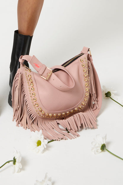 Light Pink Studded Suede Fringed Cross Body Bag
