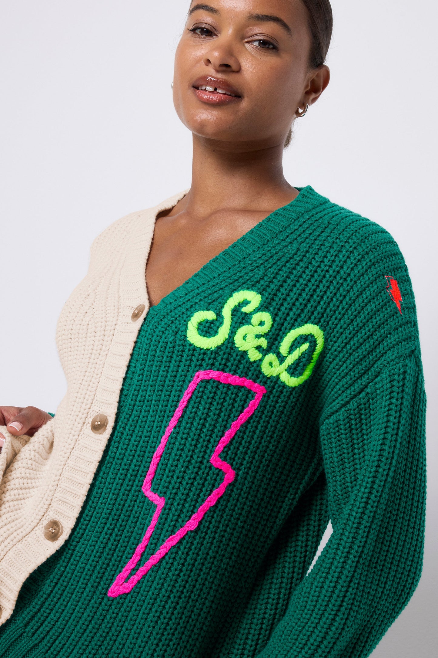 Cream and Green Colour Block Lofty Cardigan