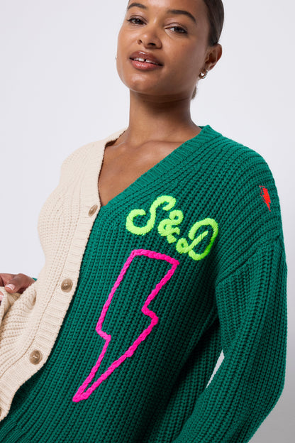 Cream and Green Colour Block Lofty Cardigan