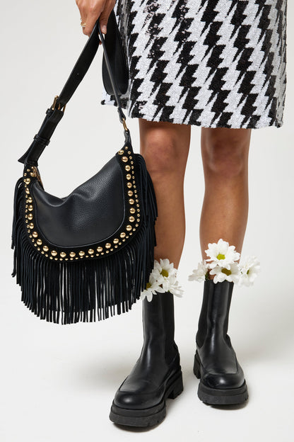 Black Studded Suede Fringed Cross Body Bag