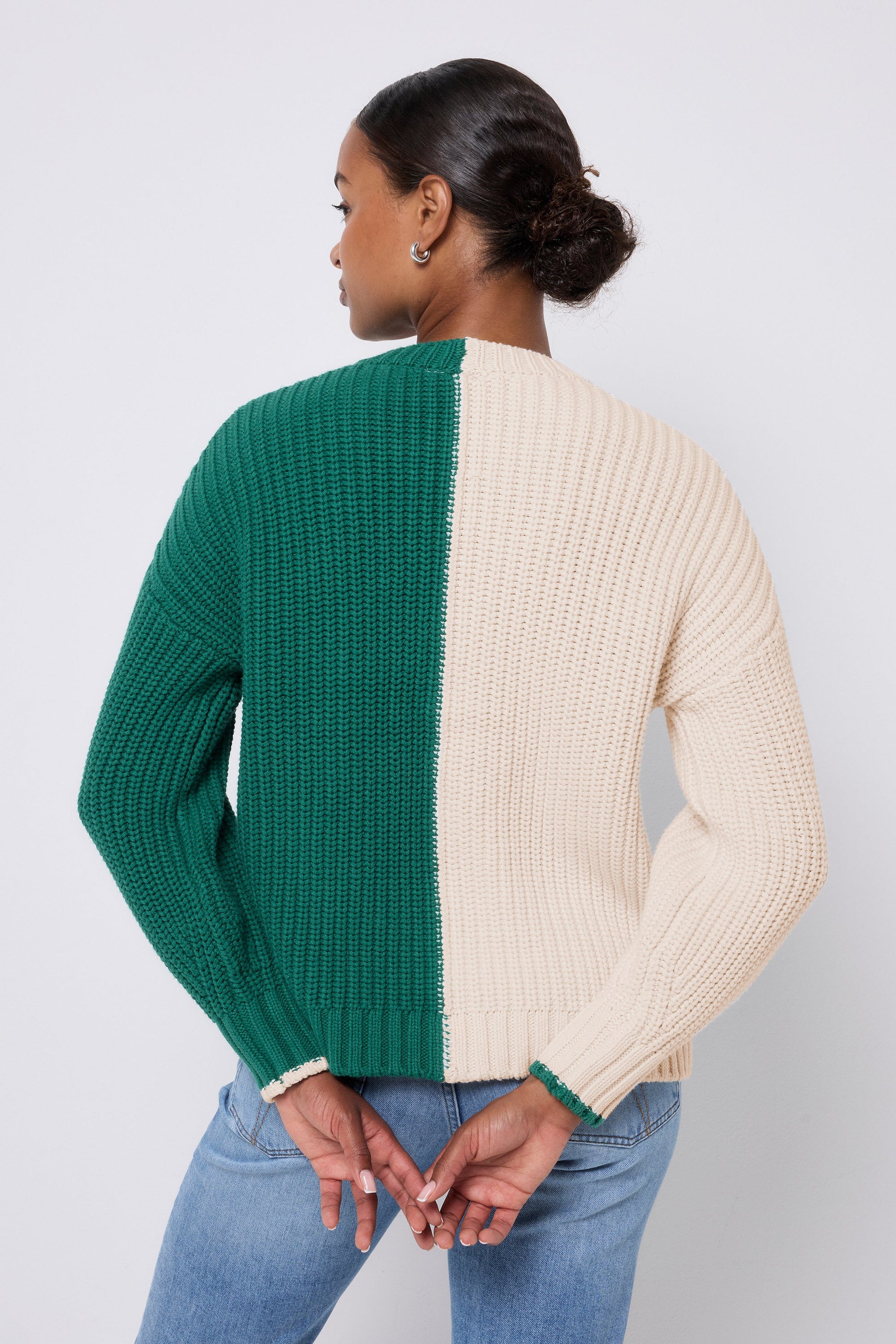Cream and Green Colour Block Lofty Cardigan