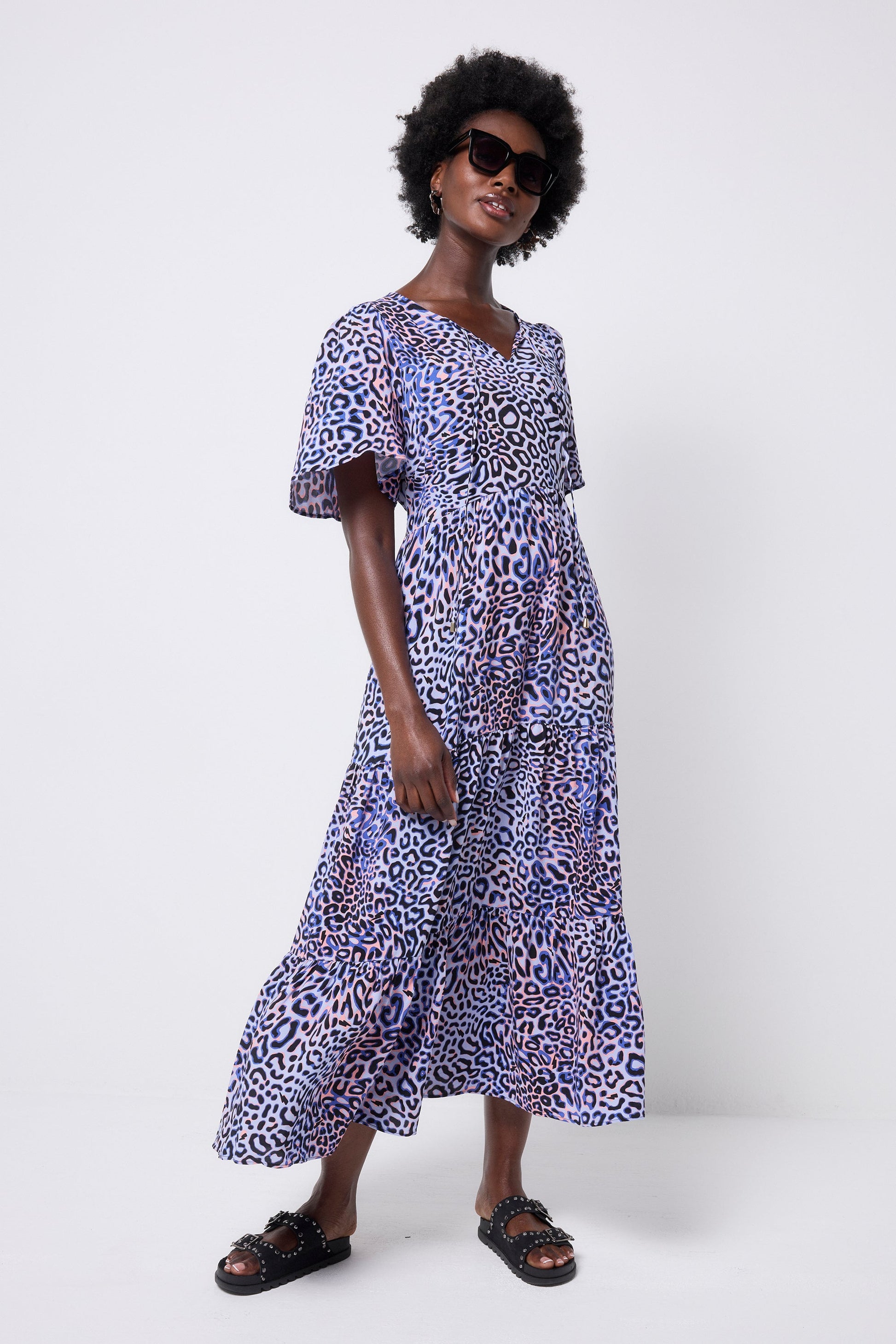Lilac with Black and Pink Leopard Ray Tie Front Maxi Dress