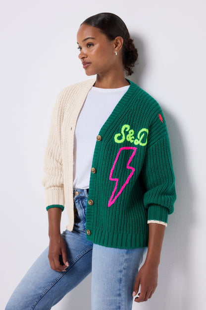 Cream and Green Colour Block Lofty Cardigan