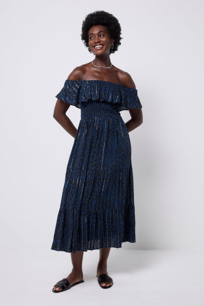 Navy with Black Rock and Roll Leopard Metallic Bardot Midi Dress