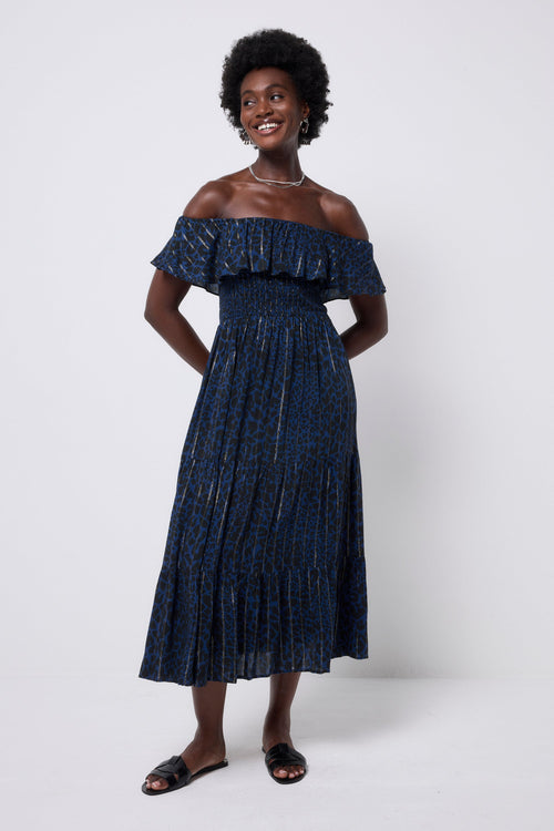 Navy with Black Rock and Roll Leopard Metallic Bardot Midi Dress