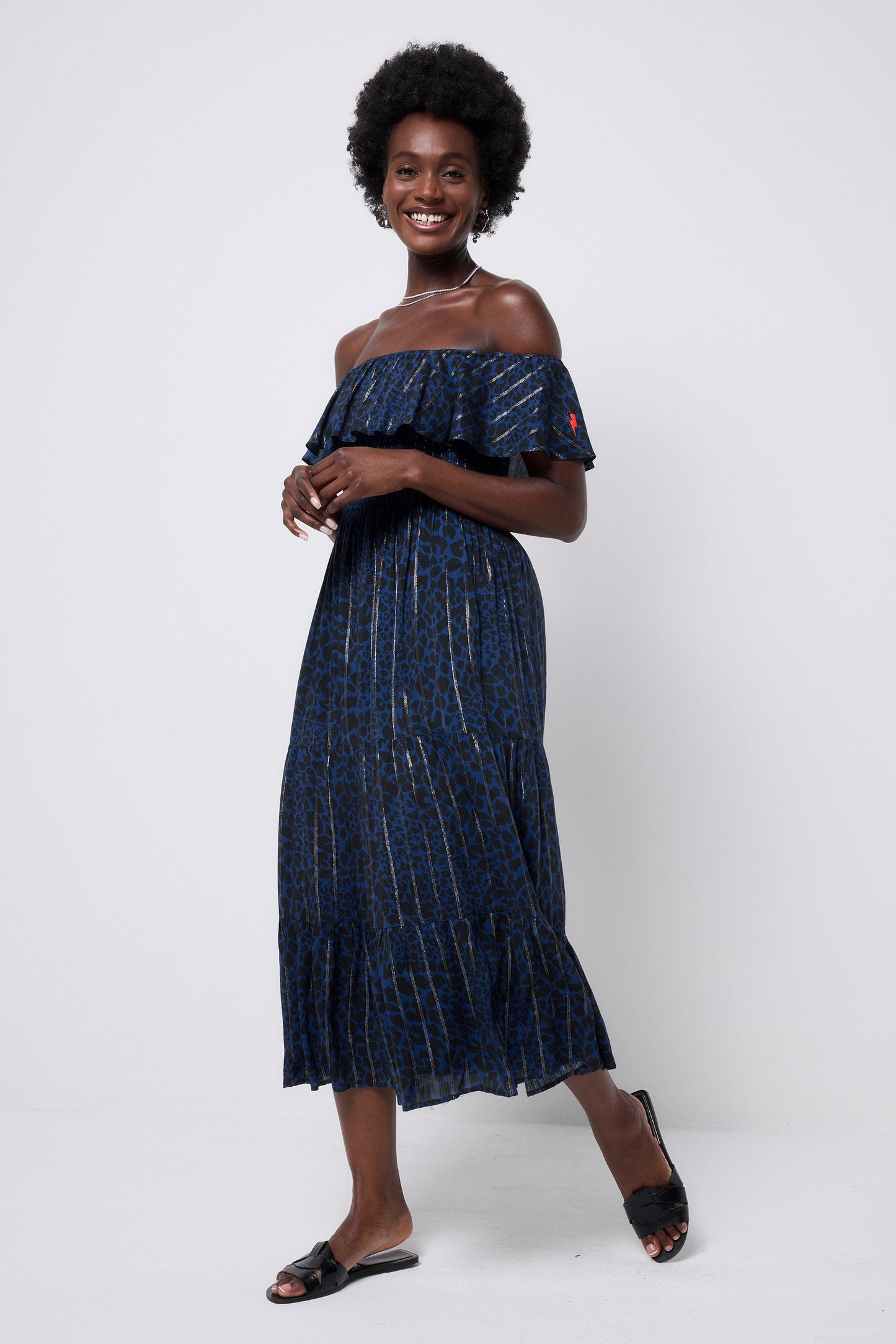 Navy with Black Rock and Roll Leopard Metallic Bardot Midi Dress